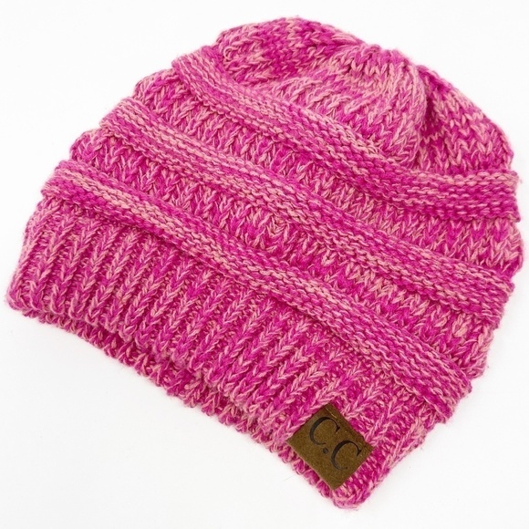 CC | Pink Beanie Stocking Cap Two-Tone Cable Knit - Picture 1 of 6